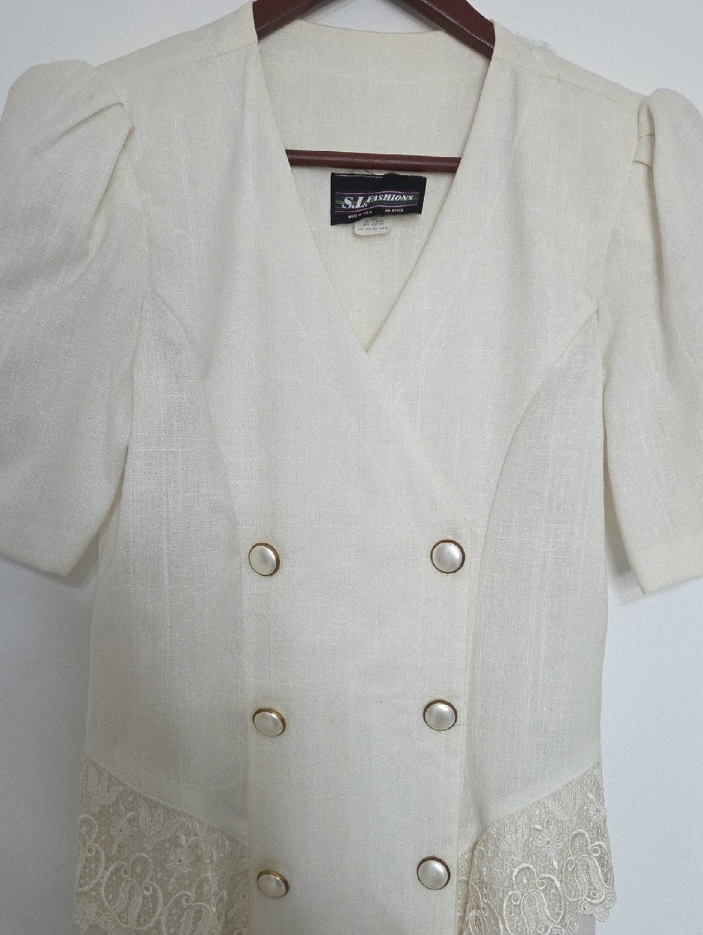 S.L. Fashions Cream Double-Breasted Lace-Trim Blouse